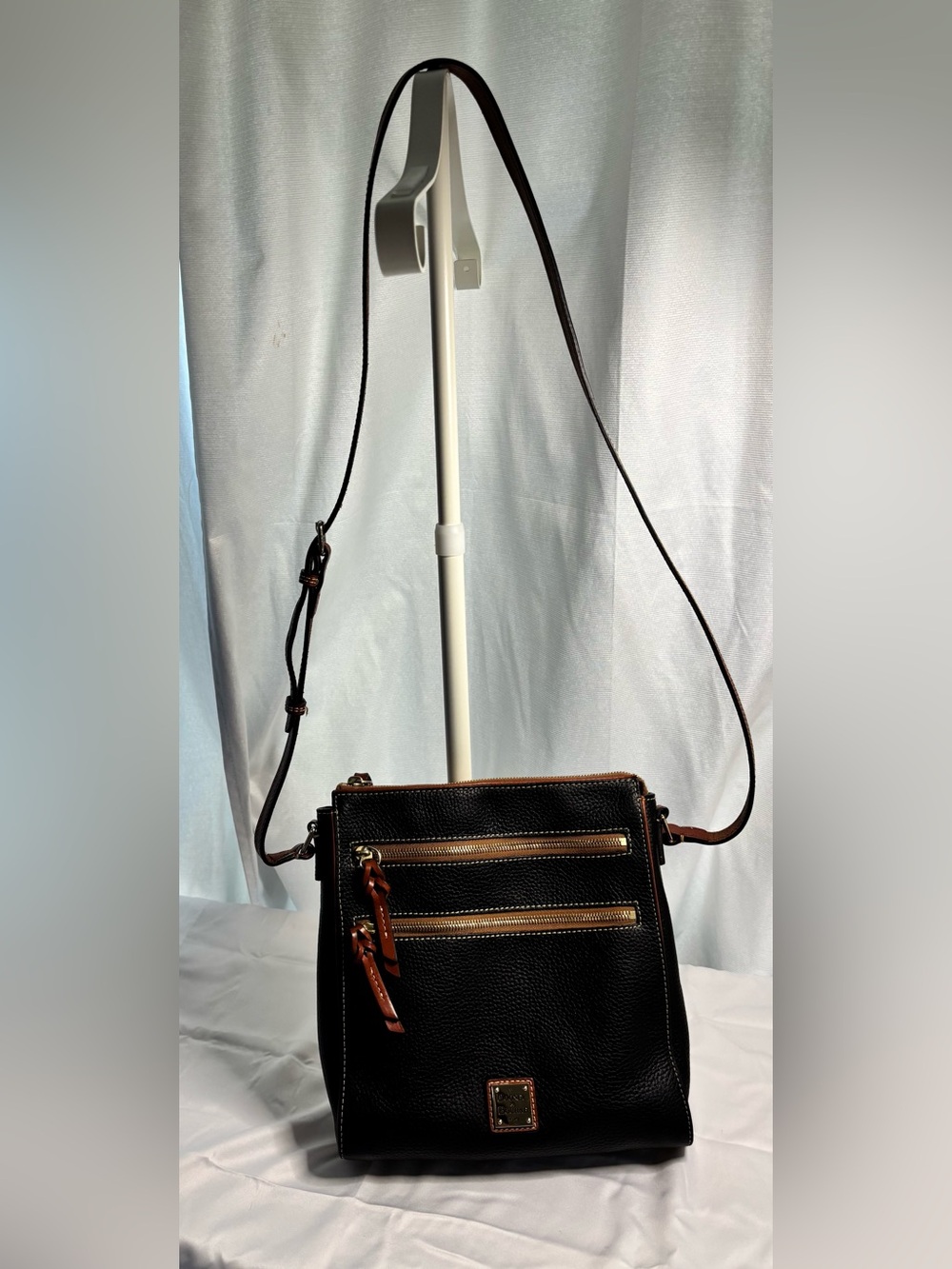 Dooney & Bourke Black Pebble Leather Crossbody Bag with Brown Trim
